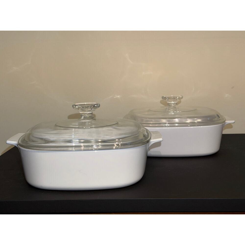 4pc Vintage Corningware All White 2QT Square Cookware A-2-B w/Pyrex Lids